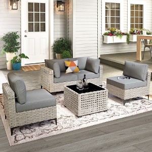 XIZZI 5PCS Furniture Set, Rattan Modular Sectional Sofa, Outside Coversation Set with Solar Coffee Table for Porch Balcony Backyard Poolside - 1 of 4