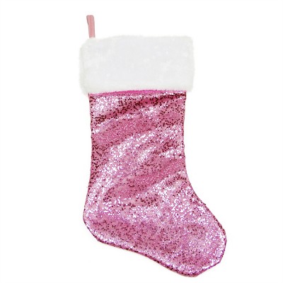 Northlight 18" Shiny Metallic Light Pink Sequined Christmas Stocking with White Faux Fur Cuff