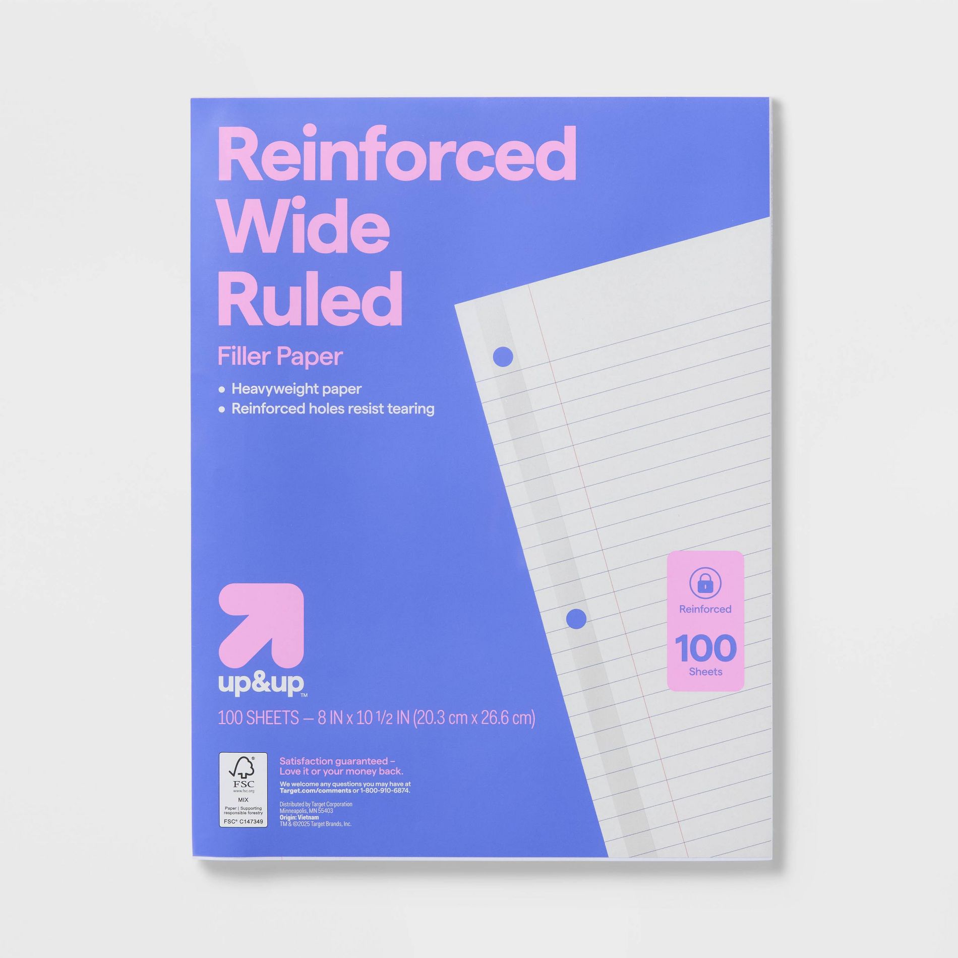 100ct Wide Ruled Reinforced Notebook Filler Paper - up&up™: 10.5x8 Inches, Loose Leaf, 20 lb, White, 100 Sheets