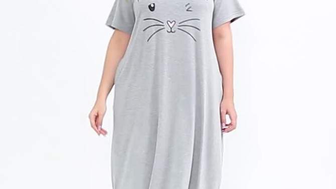 Agnes Orinda Womens Plus Size Short Sleeve Cute Cat Print Pockets Nightgown, 2 of 7, play video