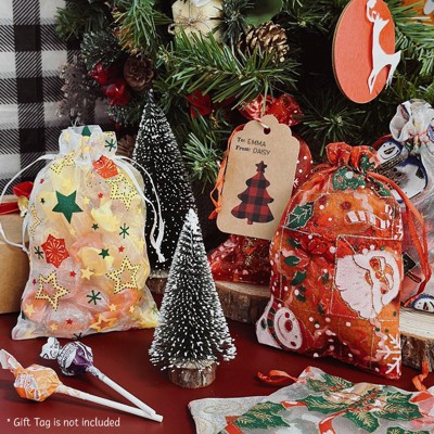 Festive Holiday Organza Drawstring Gift Bags, Set of 20