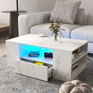Modern Coffee Tables for Living Room, LED Coffee Table, Storage Coffee Table, Wood Center Table with 2 Drawers and Open Side Shelf, White - 1 of 4