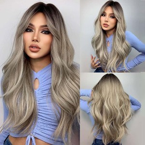 Jessie's Wig 26 Inch Wavy Hair With Curtain Bangs Synthetic Hair Ombre Ash Blonde With Dark Brown Color 1 Pc/Pack - 1 of 4