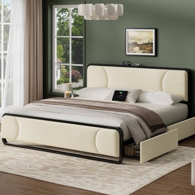 WOWLIVE Full/Queen/King Platform Bed with 2 Storage Drawers, Modern Bed Frame with Charging Station