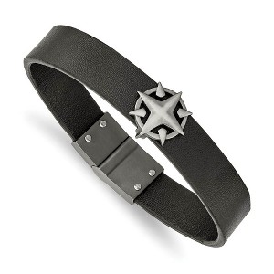 Black Bow Jewelry Antiqued Stainless Steel Black Leather Compass Bracelet, 8.25 Inch - 1 of 4