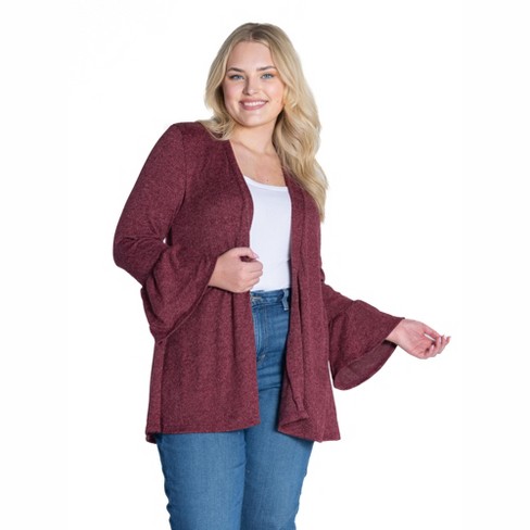 24/7 Comfort Apparel Knit Three Quarter Bell Sleeve Plus Size Open Cardigan Wine / 3X