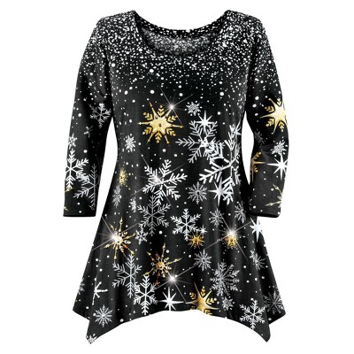 Collections Etc Glistening Snowflakes Sequin Detail 3/4 Length Sleeve Sharkbite Tunic