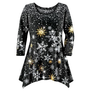 Collections Etc Glistening Snowflakes Sequin Detail 3/4 Length Sleeve Sharkbite Tunic - 1 of 4