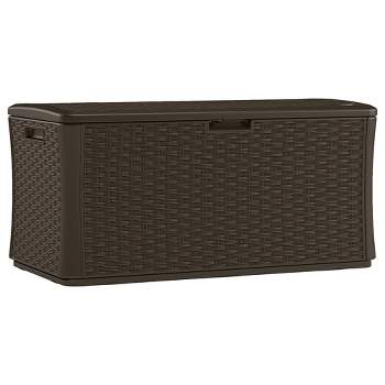 Suncast 134 Gallon Extra Large All-Weather Wicker Pattern Deck Box with Lockable Lid for Garden, Garage, Patio, or Outdoor Use, Java