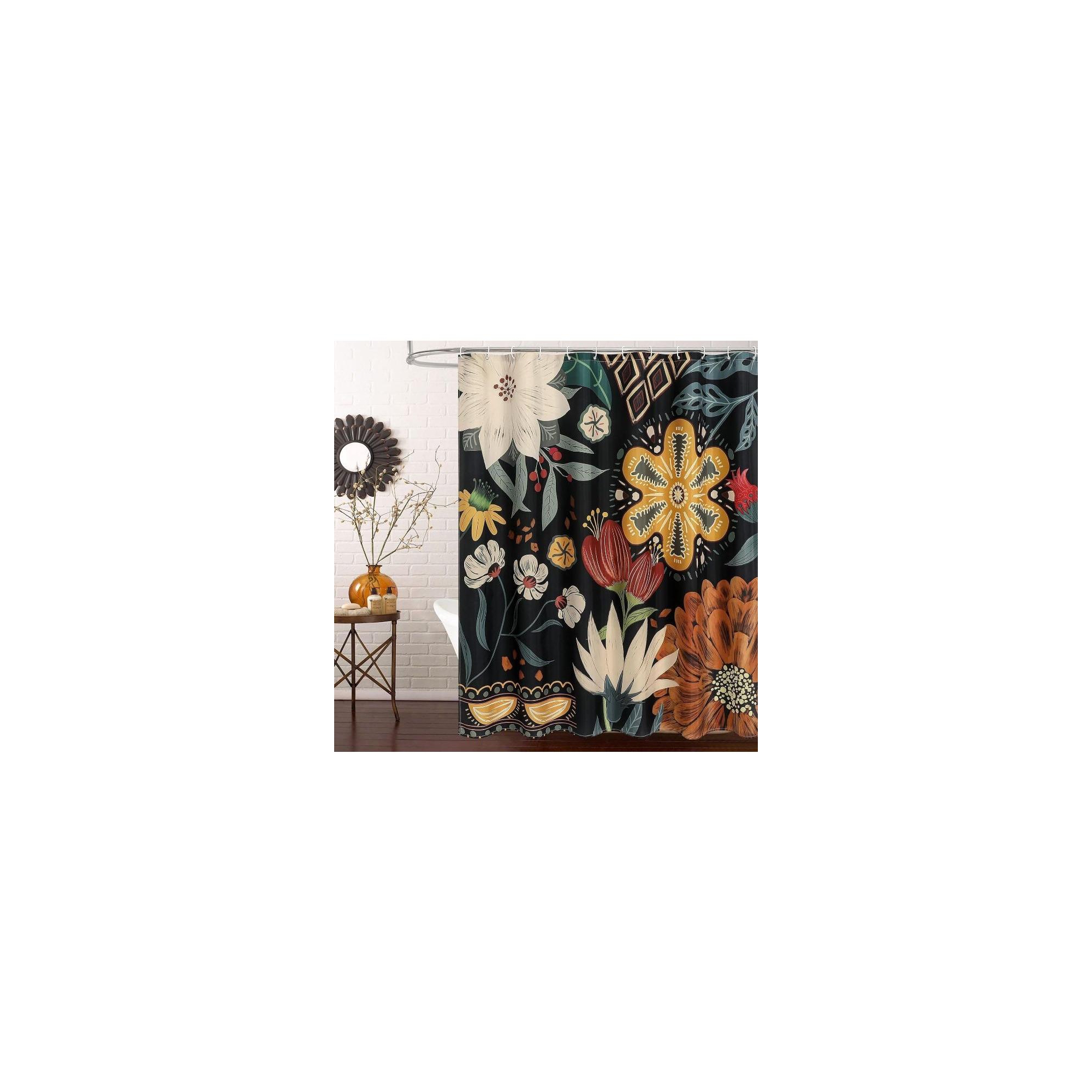 YEERSWAG Chic 71" x 71" Black Boho Floral Waterproof Fabric Shower Curtain with Hooks