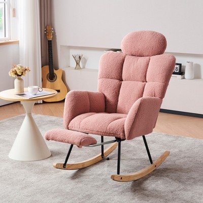 Teddy Fabric Upholstered Rocking Glider Chair, Mid Century Modern Accent Arm Chair with High Backrest and Pillows - ModernLuxe