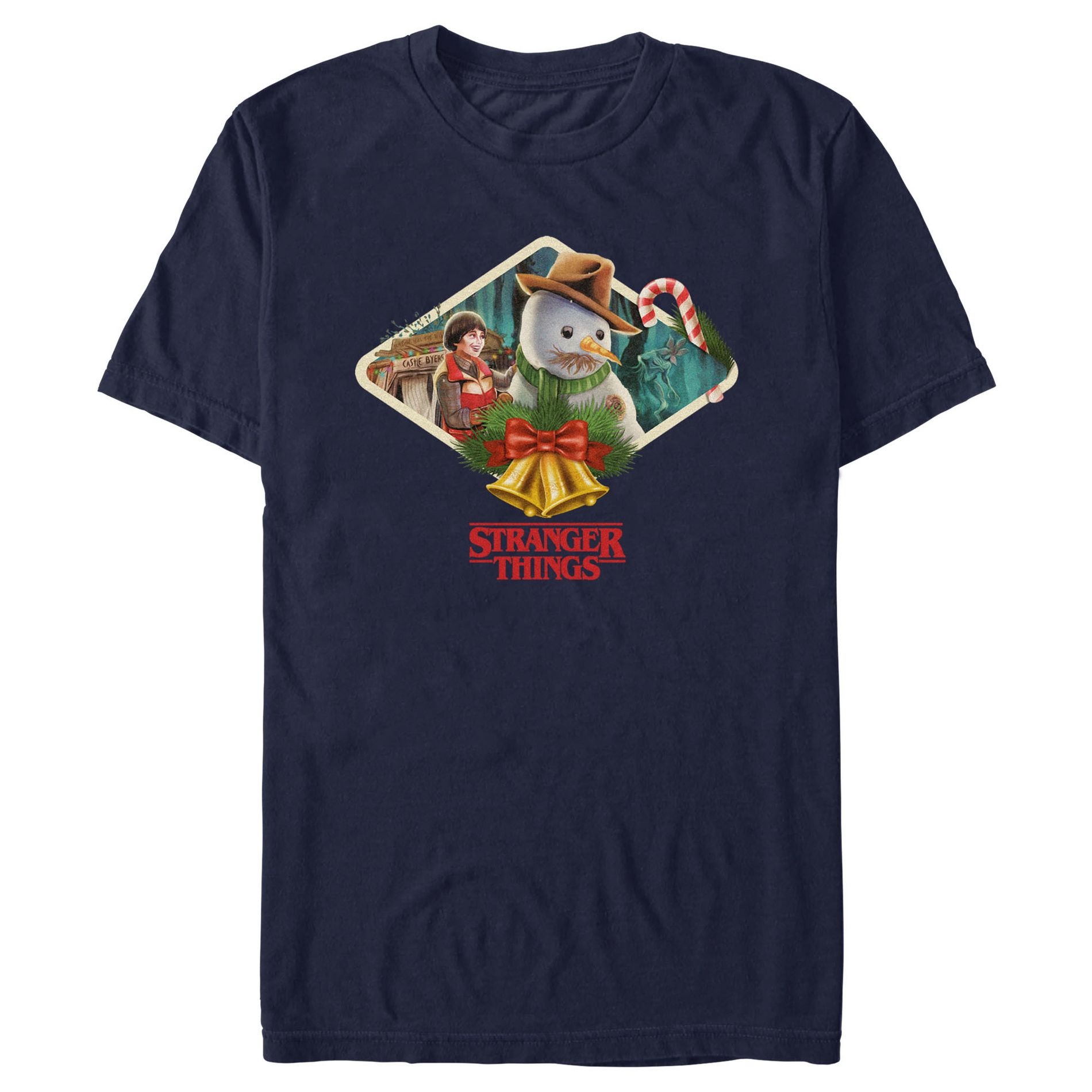 Men's Stranger Things Bell Christmas Snowman  T-Shirt - Navy Blue - X Large