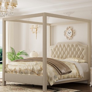 Canopy Bed Frame with Upholstered Headboard, Four Poster Design, Button Tufted, and Slide Rail, No Box Spring Required, Wooden Slatted Structure - 1 of 4