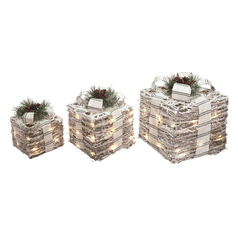 Transpac Metal 12.99 in. Silver Christmas Light Up Ticking Stripe Bow Present Decor Set of 3, 1 of 5