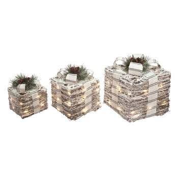 Transpac Metal 12.99 in. Silver Christmas Light Up Ticking Stripe Bow Present Decor Set of 3