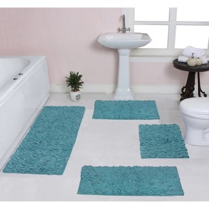 Bell Flower Collection Tufted Bath Rugs, Extra Soft and Absorbent, Non-Slip Bath Mats, Machine Washable Bathroom Mats, 4 Piece Set with Runner, Blue - 1 of 4