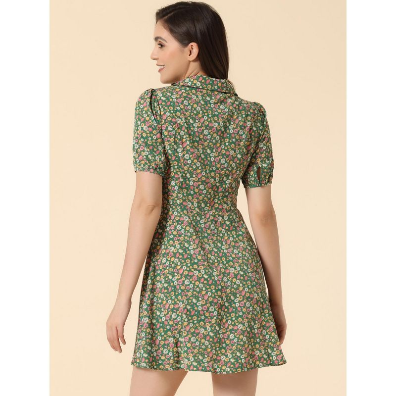 Allegra K Women's Button Up Short Sleeve A-Line Chiffon Vintage Floral Shirt Dress, 4 of 7