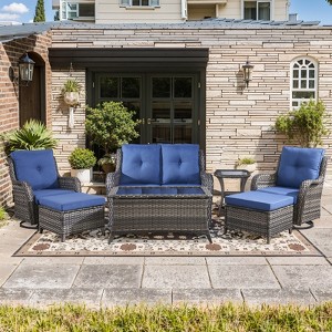 Gymojoy 7 Piece Outdoor Wicker Loveseat Sofa with Patio Swivel Glider Chairs with Coffee Table and Ottoman Sets - 1 of 4