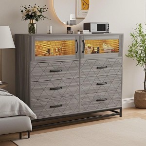Jojoka 6-Drawer & 2-Door Storage Cabinet Dresser with Built-In Charging Station and RGB LED Lighting – Tall White Chest, Grey - 1 of 4