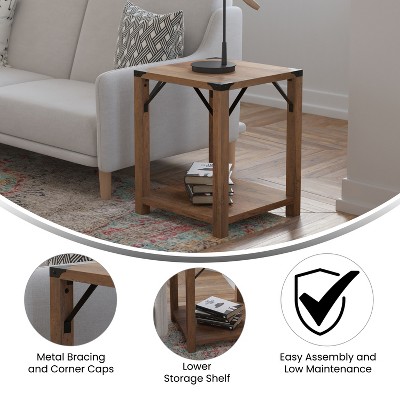 Rustic Oak Square End Table with Metal Accents