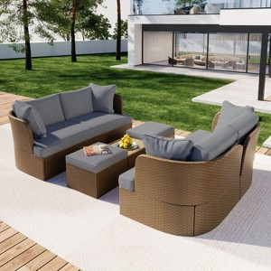 Yami 5-piece Wicker Patio Conversation Set with Cushions, Outdoor Furniture Set with Coffee Table, Loveseat Sofa and Ottoman - Maison Boucle - 1 of 4