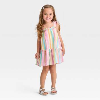 Toddler Girls' Rainbow Striped Dress - Cat & Jack™ Light Beige 3T