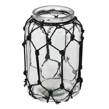Vickerman 10.3" Glass Jar with Black Rope. This glass jar measures about 10 inches tall and 6.5 inches wide. The jar is accented with black rope tied