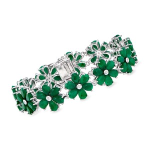 Ross-Simons 30.00 ct. t.w. Emerald and .10 ct. t.w. Diamond Flower Bracelet in Sterling Silver Size 8 - 1 of 3
