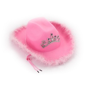 Zink Pink Cowboy Hat with Tiara - Pink Cowgirl Hat with Adjustable Chin Strap and Feather Trimming - 1 of 4