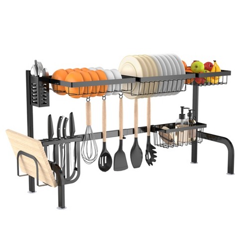 Costway Over Sink Dish Drying Rack 2 Tier Adjustable 21 39 Length w 8 Hooks