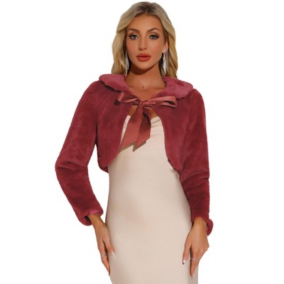 INSPIRE CHIC Women's Evening Bow Tie Front Turndown Collar Faux Fur Fluffy Cropped Coat