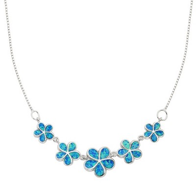 Opalata Sterling Silver Blue Inlay Opal Multiple Flowers Necklace - Blue - 17 Inch