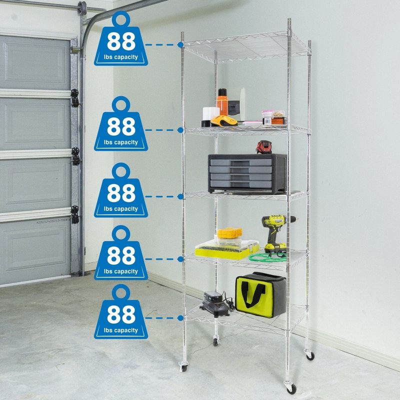 Mount-It! Height Adjustable 5 Tier Wire Shelving with Wheels | Rolling Garage Shelves, Closet Metal Racks with Shelves and Shelving or Utility Shelf, 6 of 10