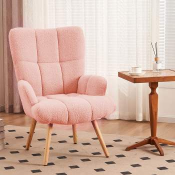 FERPIT Teddy Upholstered Wingback Accent Chair with Rubberwood Legs, Pink
