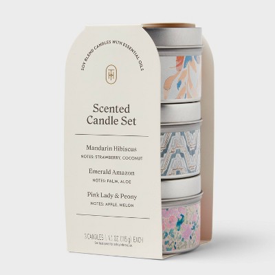 3pk Tin Candle Set - Mandarin Hibiscus and Emerald Amazon and Pink Lady and Peony - Threshold™