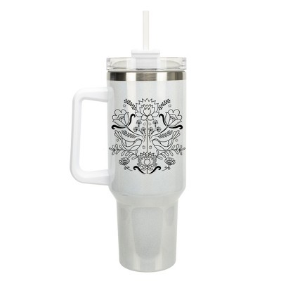 Elanze Designs Love Birds Vintage Floral Damask 40 oz. Stainless Steel, Large Water Bottle Coffee Mug, Spill & Leak Resistant, Thermal Travel Tumbler
