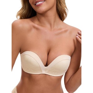 INSPIRE CHIC Women's Deep V Strapless Wireless Demi Bandeau Lace Thin on Top Thick on Bottom Push-Up Tube Bra - 1 of 4