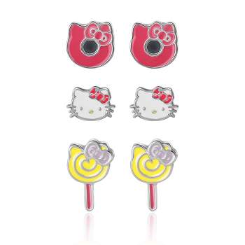 Sanrio Hello Kitty Girls Stud Earrings - Set of 3, Officially Licensed Authentic
