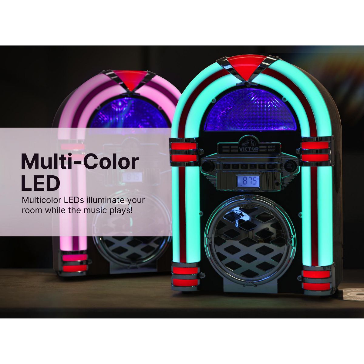 Victor Retro Bluetooth Jukebox with CD Player & FM Radio | 15-Inch 1950s Diner Style Tabletop Speaker, Color-Changing LED Lights, 33ft Wireless - thumbnail 5