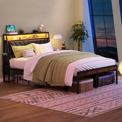 DOMETOUR Queen size Platform Bed Frame with 105-Degree Tilted Upholstered Headboard, Charging Station, LED Lights, Noiseless, Black and Brown