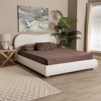 Baxton Studio Maya Mid-Century Modern Cream Boucle Fabric and Oak Brown Finished Wood Queen Size Platform Bed