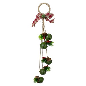 Northlight 15-Inch Pine and Green Jingle Bell Christmas Door Hanger with Plaid Bow - 1 of 4