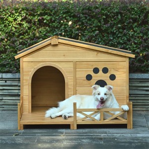 YOOCOZZ 48" Wooden Dog House with Porch and Paw Print, Dog Kennel with Water-Resistant Asphalt Roof and Fencing, Medium-Nature - 1 of 4