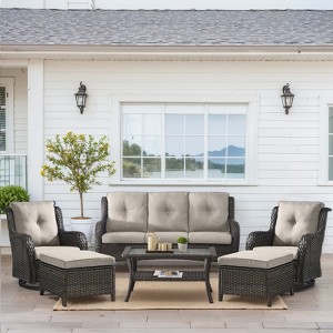 Buenhomino Wicker Outdoor Patio Furniture Set - 6 Piece Patio Conversation Set with Swivel Rocker Chairs, Rattan Sofa, Ottomans and Coffee Table - 1 of 4