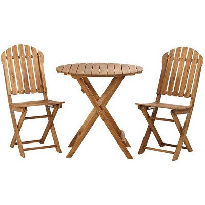 Teal Island Designs Rustic Wood 3-Piece Outdoor Bistro Table and Chairs Furniture Set Natural Folding Slat Curved Backs Round Tabletop for Patio