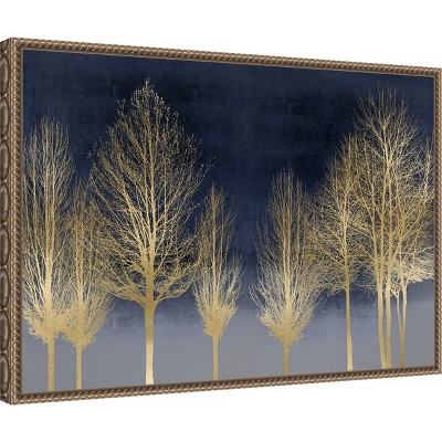 Gold Forest on Blue Canvas Wall Art with Bronze Frame