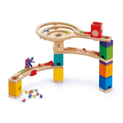Hape Quadrilla Race to the Finish Marble Run Block Set Toy with Twisting Windmill Funnel and Enclosing Clamps for Kids Ages 4 and Up, Multicolor