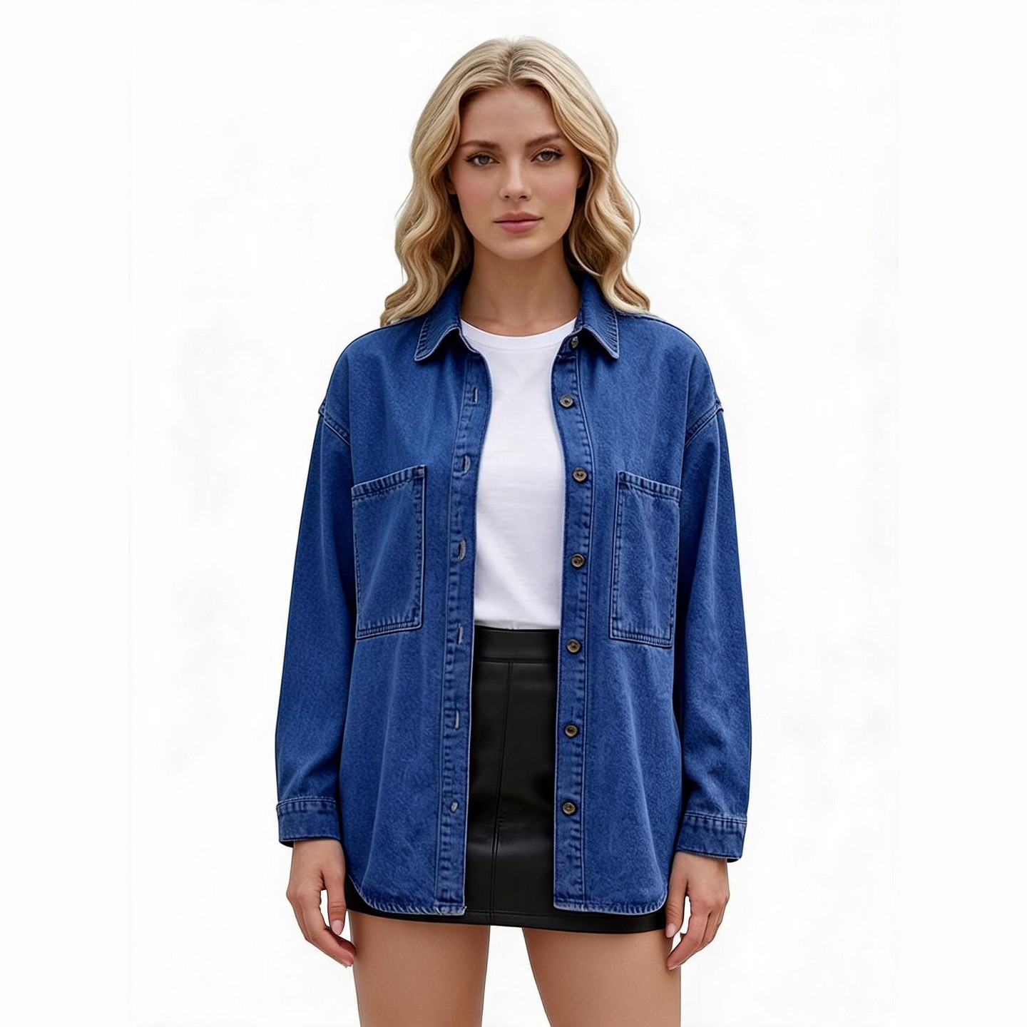 Женская куртка EadianDree Women Denim Jacket Long Sleeve Shirt Collar Button Front Patch Pockets Outerwear, цвет: Джинсовый — фото 1