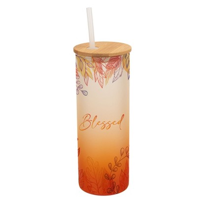 Elanze Designs Blessed Pastel Watercolor Autumn Leaves Wrap-Around Design 25 Ounce Frosted Gradient Glass On-The-Go Coffee Travel Skinny Tumbler Mug