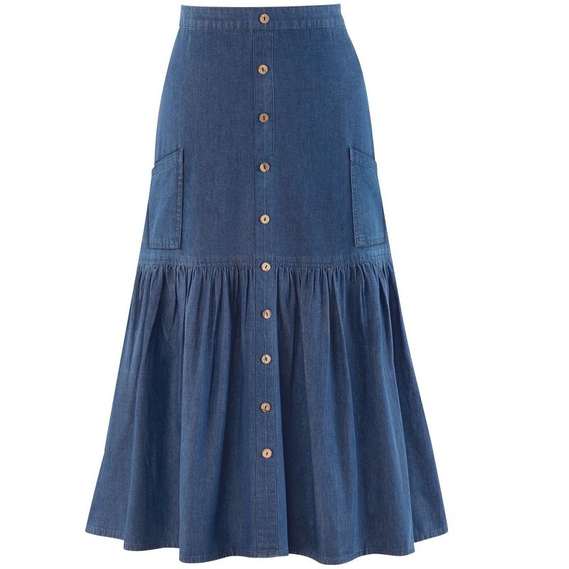 Collections Etc Stylish Full Flounce Hem Denim Skirt with Patch Pockets, 2 of 5